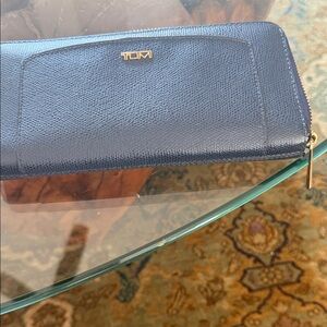 Tumi Navy Zip-Around Leather Wallet with Gold Hardware